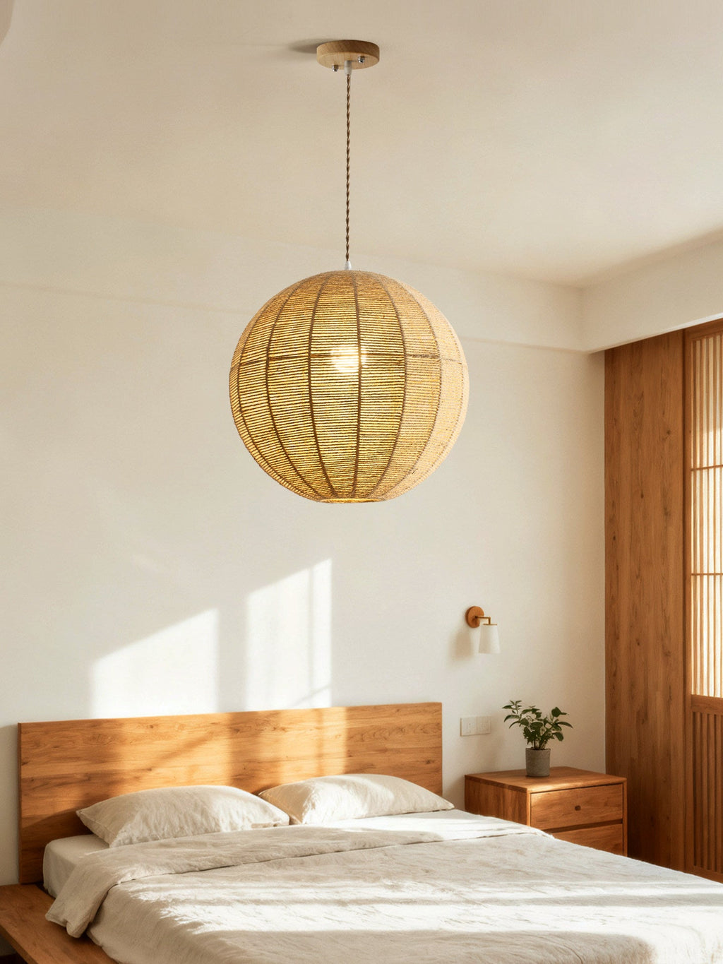 A wood bed frame and sliding panel doors sit beneath this hemp rope Clérachic pendant in a bedroom.