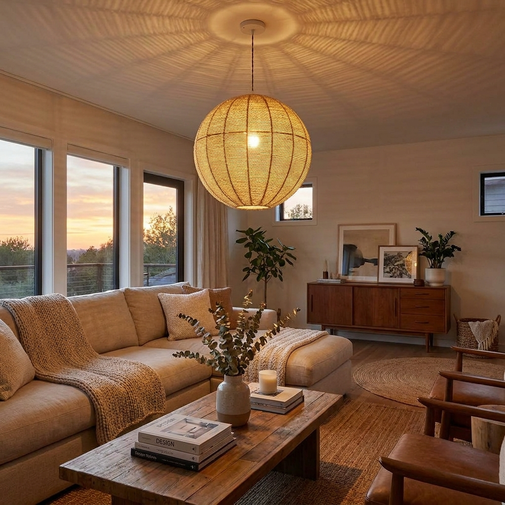 Sunset light fills a living room with a sectional sofa and wood sideboard, lit by this hemp rope Clérachic pendant.