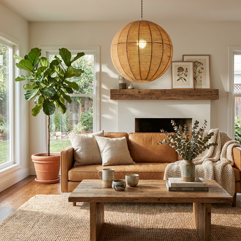 A fiddle-leaf fig tree and tan leather sofa sit beneath this hemp rope Clérachic pendant near a mantel with framed art.