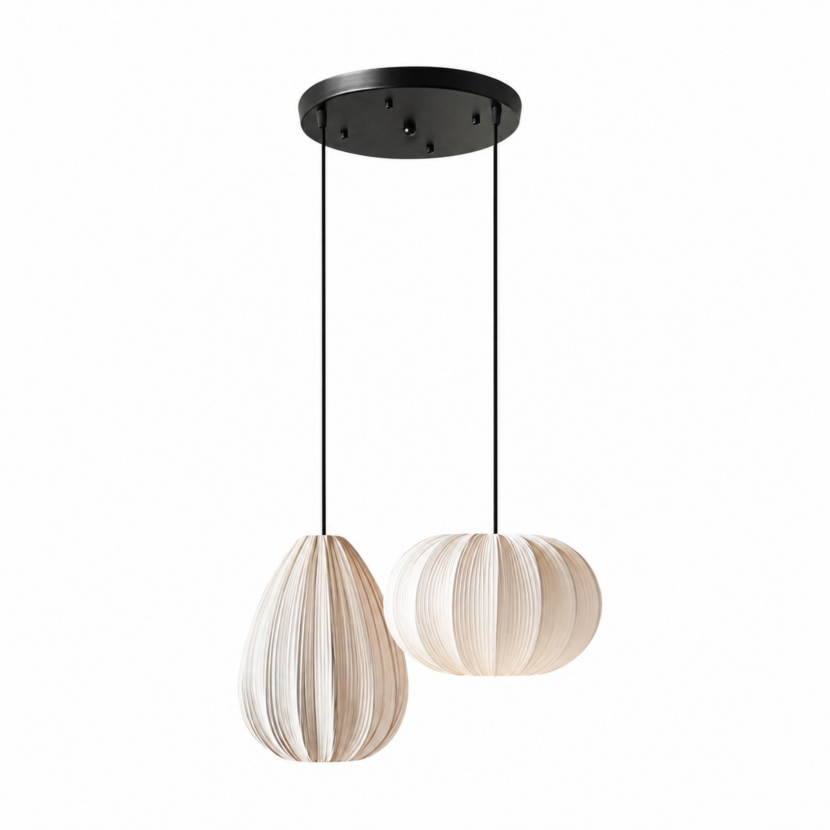 This two-head Clérachic pendant pairs a round pleated shade with an egg-shaped one, both hung from a black canopy.