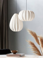 Two Clérachic pendants, one egg-shaped and one round, hang beside a dark curtain and a bundle of pampas grass.