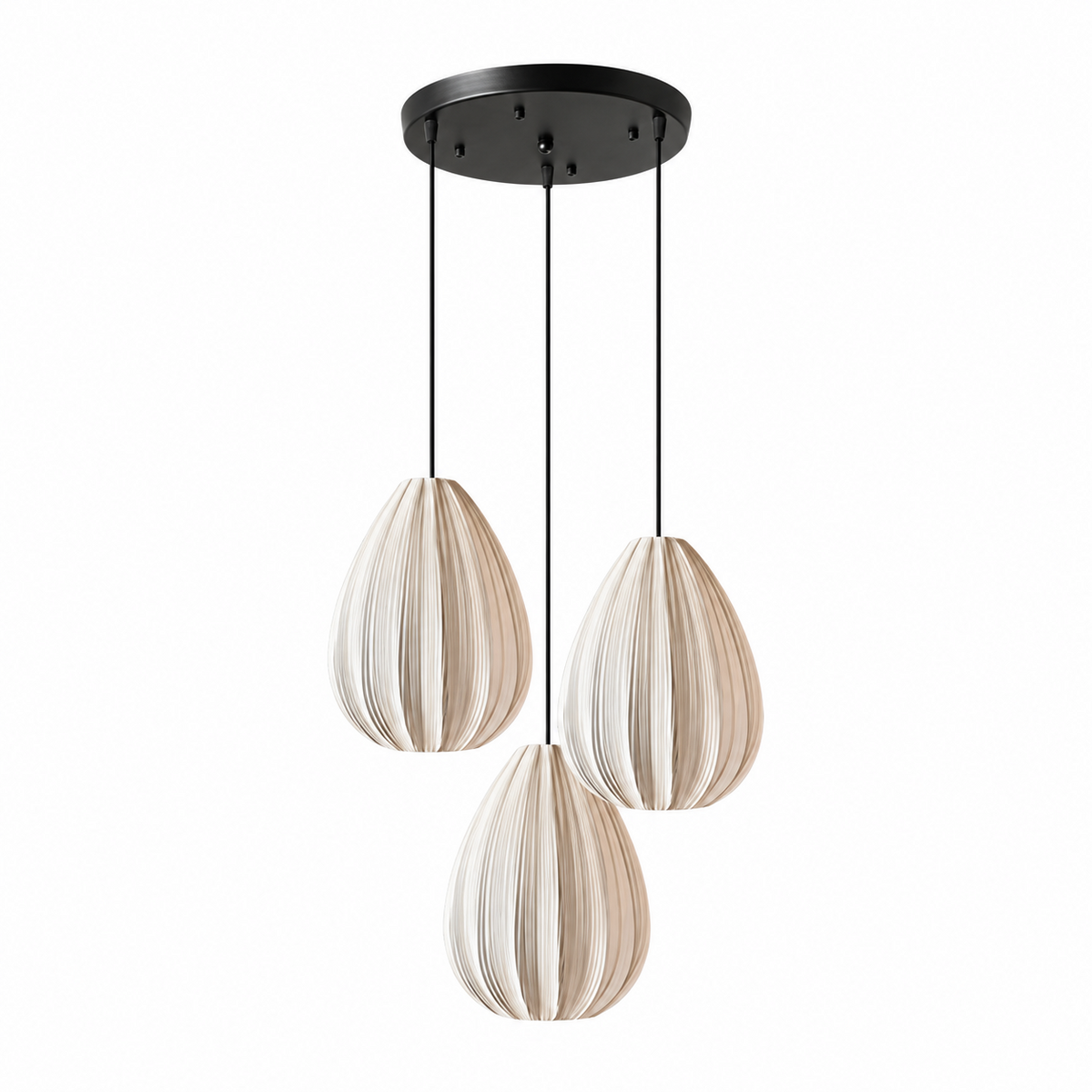 Three egg-shaped pleated shades cluster at staggered heights beneath this Clérachic pendant's black canopy.