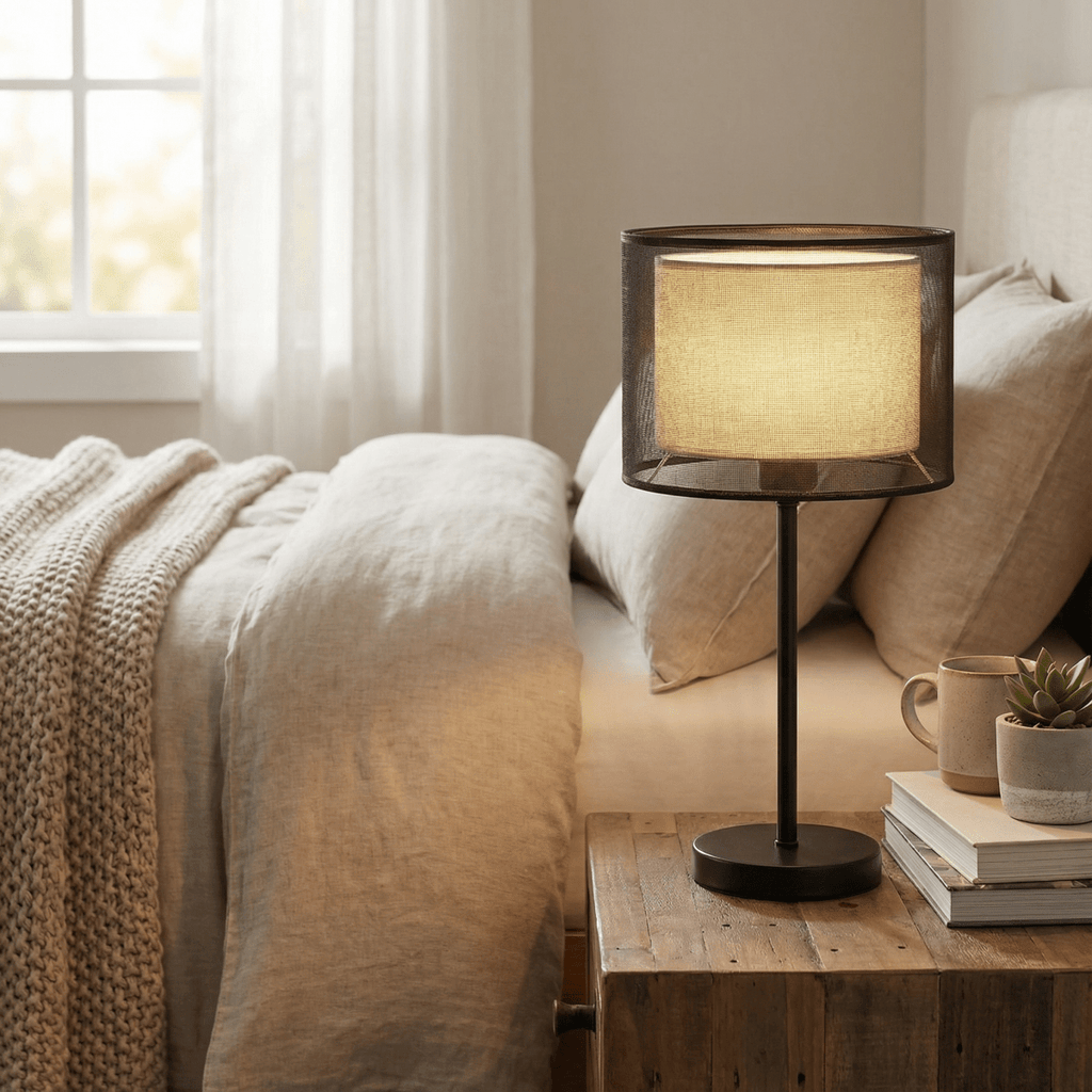 Mesh Shade Table Lamp, LED Light With Slim Metal Stem, 15-Inch