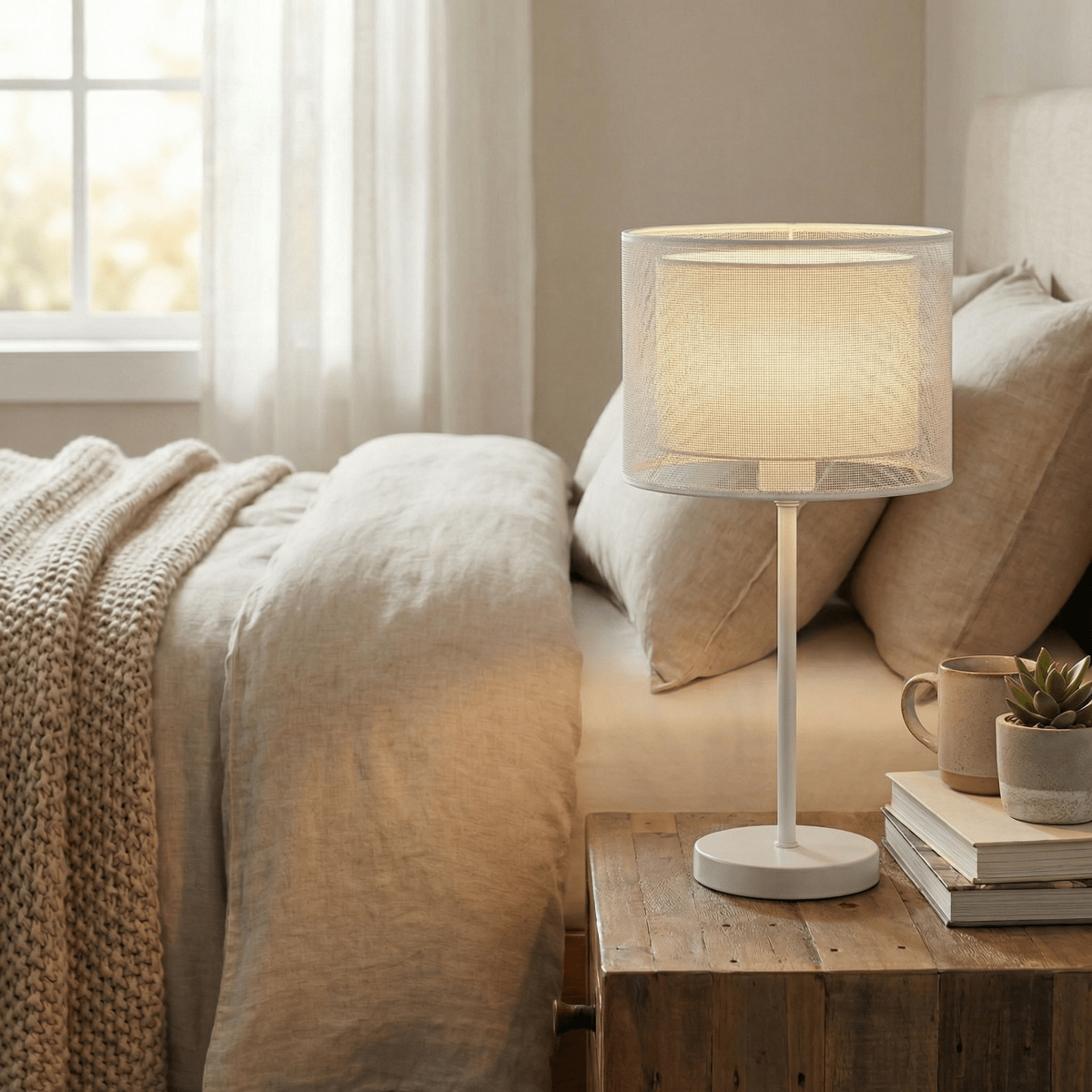 Mesh Shade Table Lamp, LED Light With Slim Metal Stem, 15-Inch