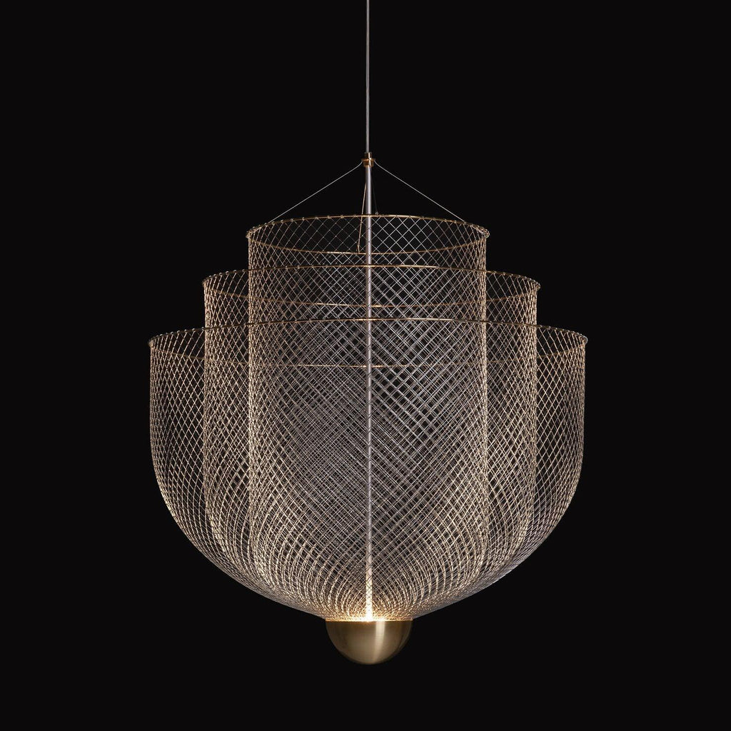 Suspension en fil métallique, sphère en acier superposée, LED intégrée, chrome ou or