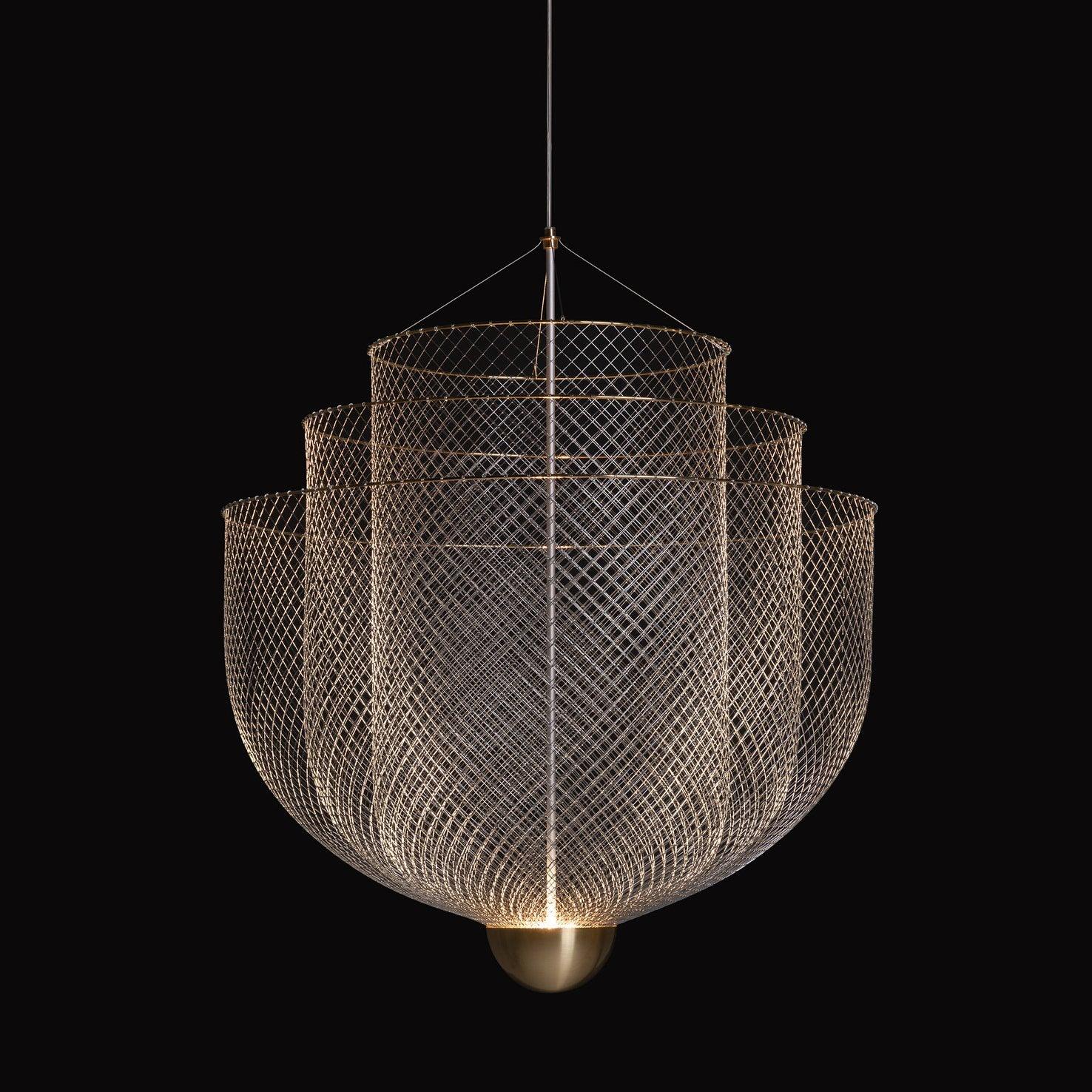 Suspension en fil métallique, sphère en acier superposée, LED intégrée, chrome ou or