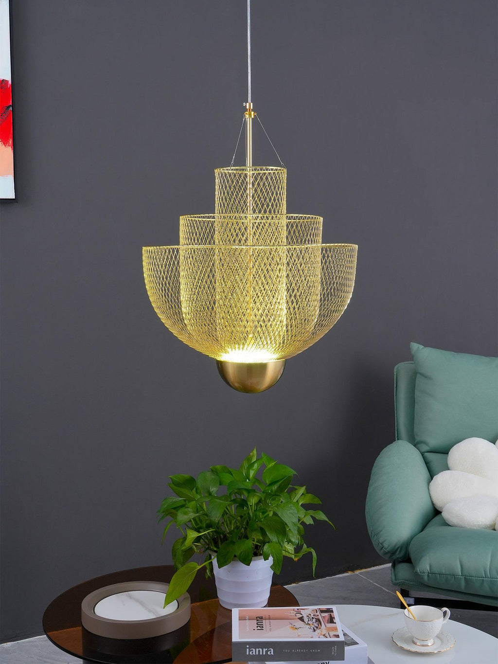 Spherical wire pendant light detail of the chrome finish
