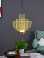 Spherical wire pendant light detail of the chrome finish
