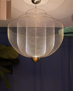 Suspension en fil métallique, sphère en acier superposée, LED intégrée, chrome ou or