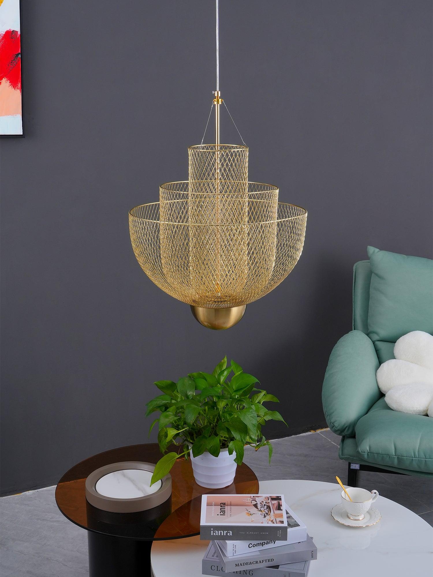 Layered steel wire pendant light with warm upward light