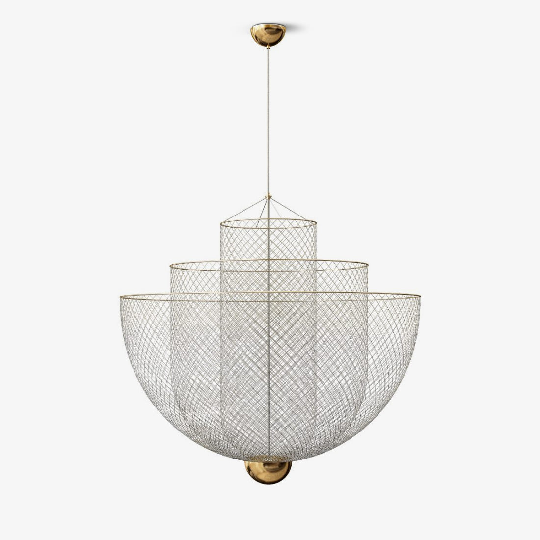 Suspension en fil métallique, sphère en acier superposée, LED intégrée, chrome ou or