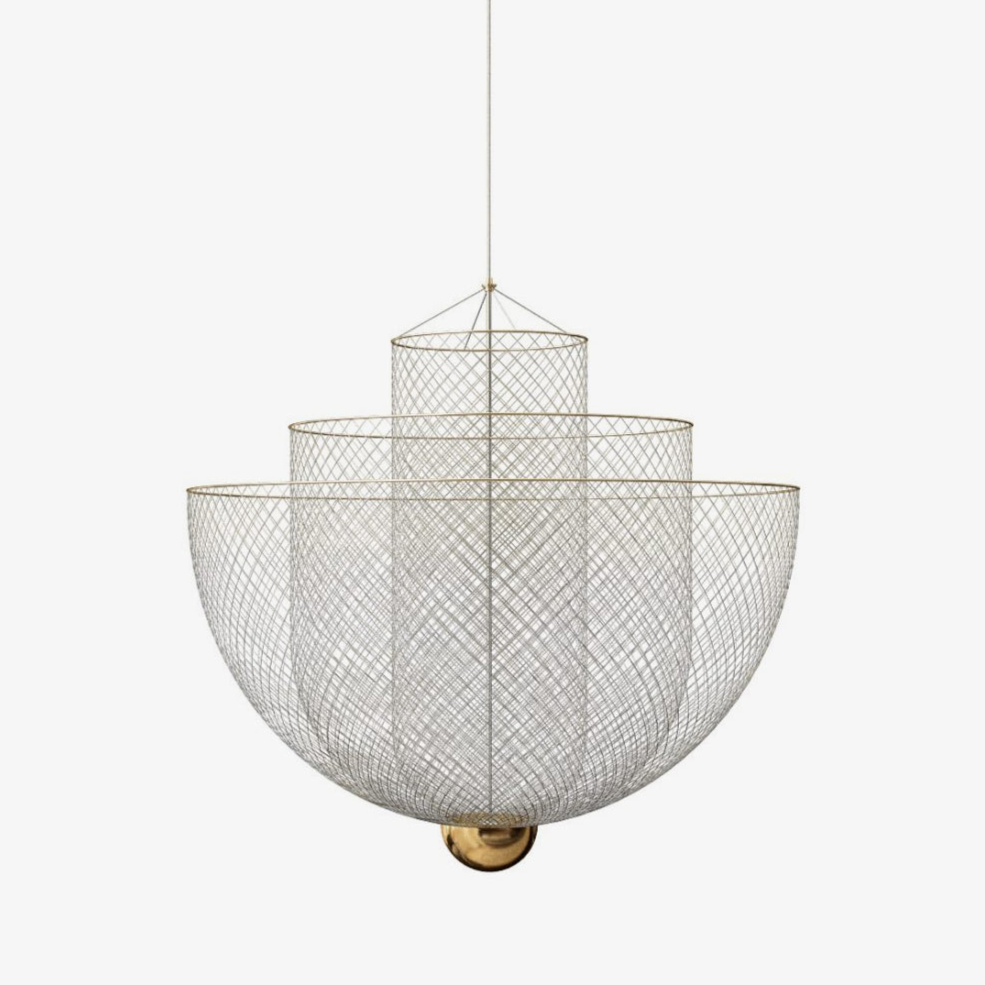 Suspension en fil métallique, sphère en acier superposée, LED intégrée, chrome ou or