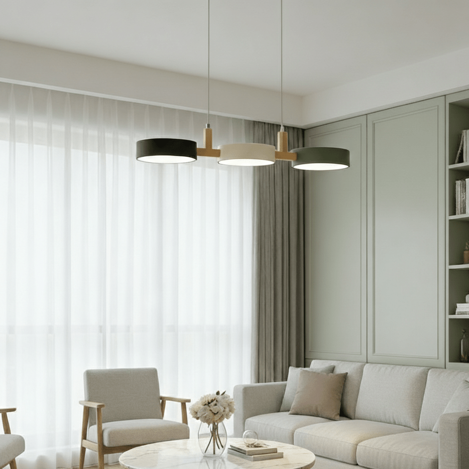 Round LED Pendant Light In Iron And Wood, Adjustable Hanging Cable
