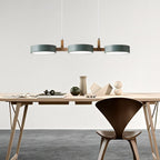 Round LED Pendant Light In Iron And Wood, Adjustable Hanging Cable