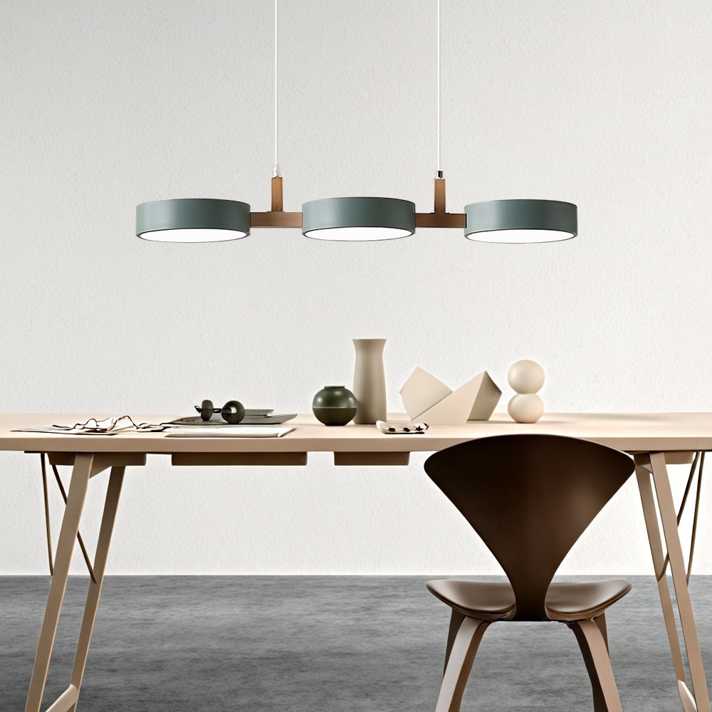 Round LED Pendant Light In Iron And Wood, Adjustable Hanging Cable