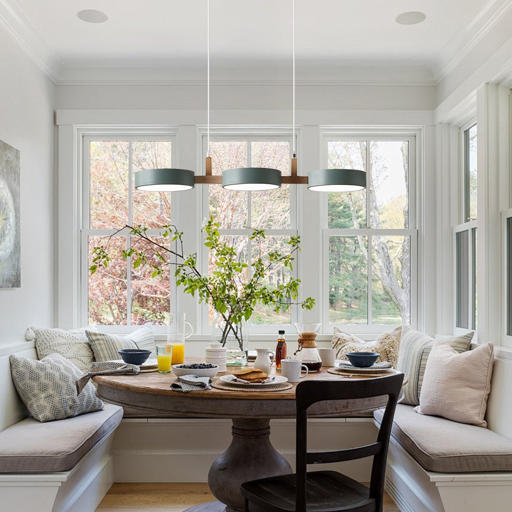 Round LED Pendant Light In Iron And Wood, Adjustable Hanging Cable