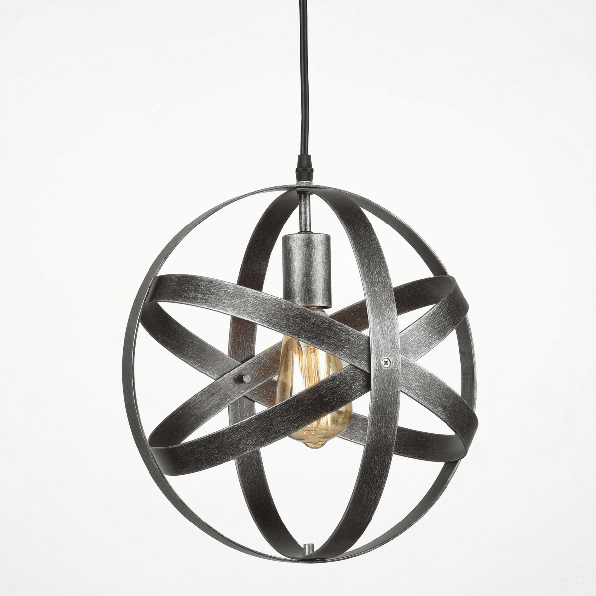 Svart metallpendellampe, rund kulebur-skjerm, 12-tommers industrielt design