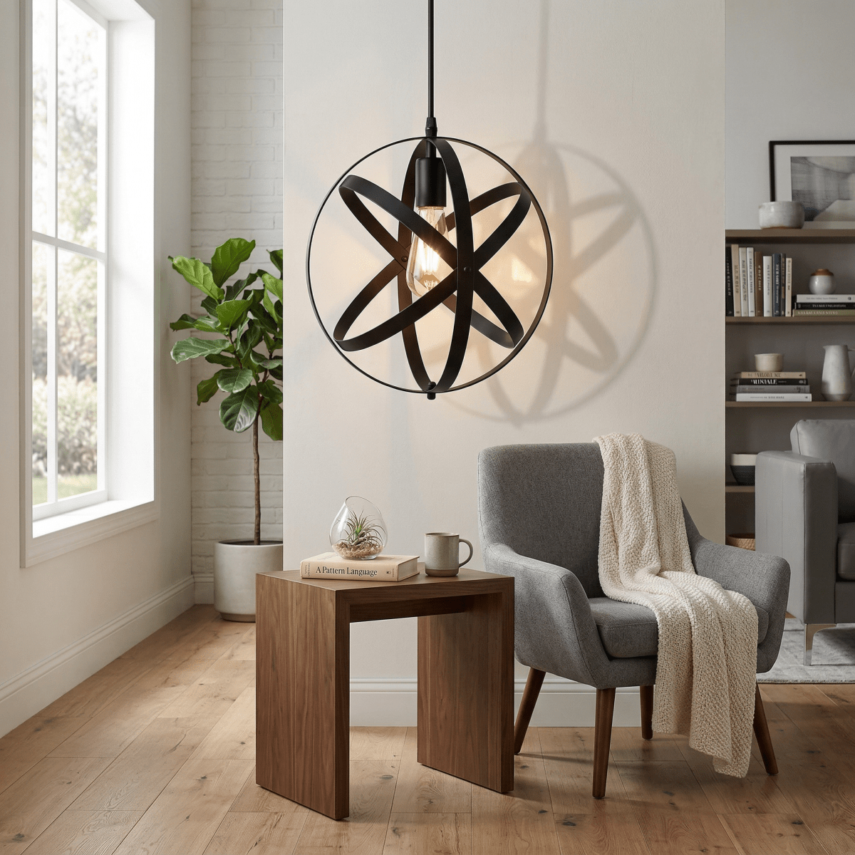 Svart metallpendellampe, rund kulebur-skjerm, 12-tommers industrielt design