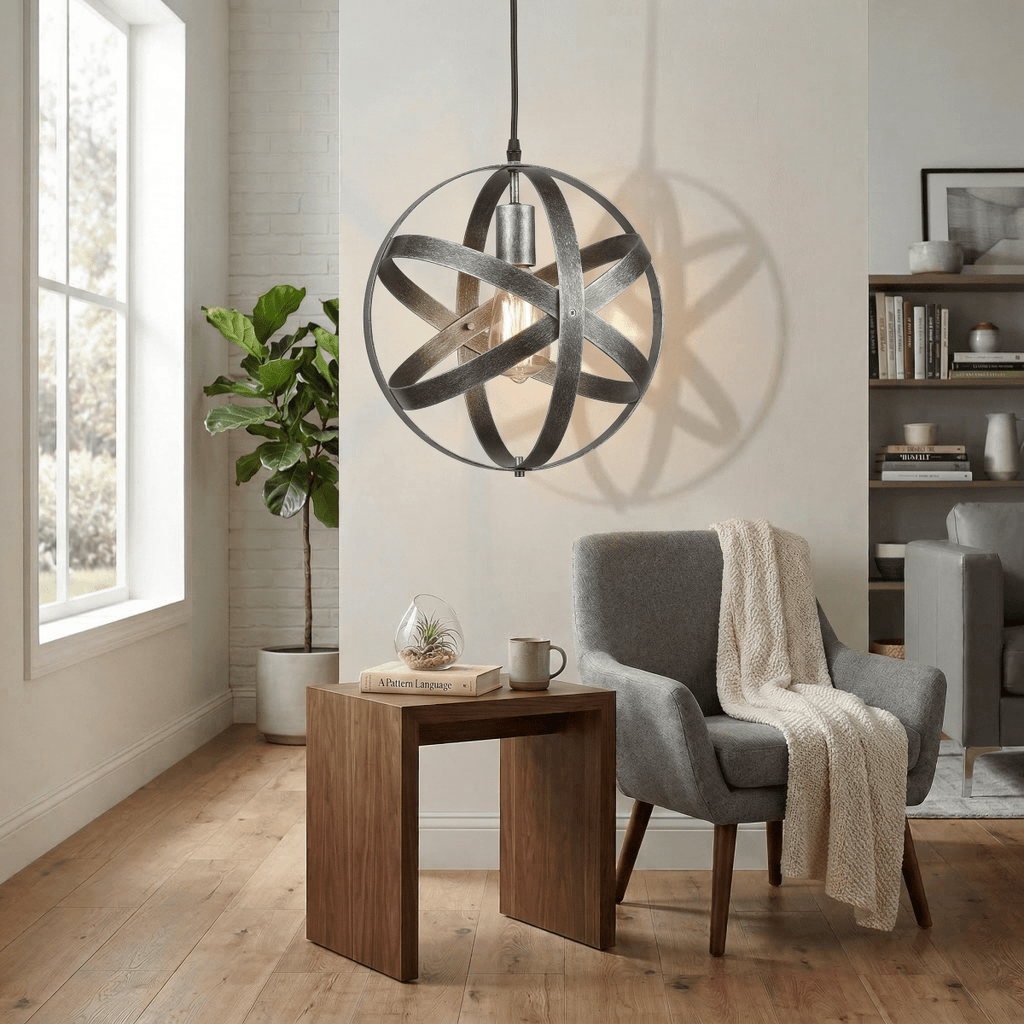 Svart metallpendellampe, rund kulebur-skjerm, 12-tommers industrielt design