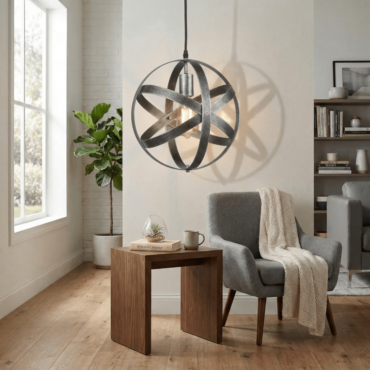 Svart metallpendellampe, rund kulebur-skjerm, 12-tommers industrielt design