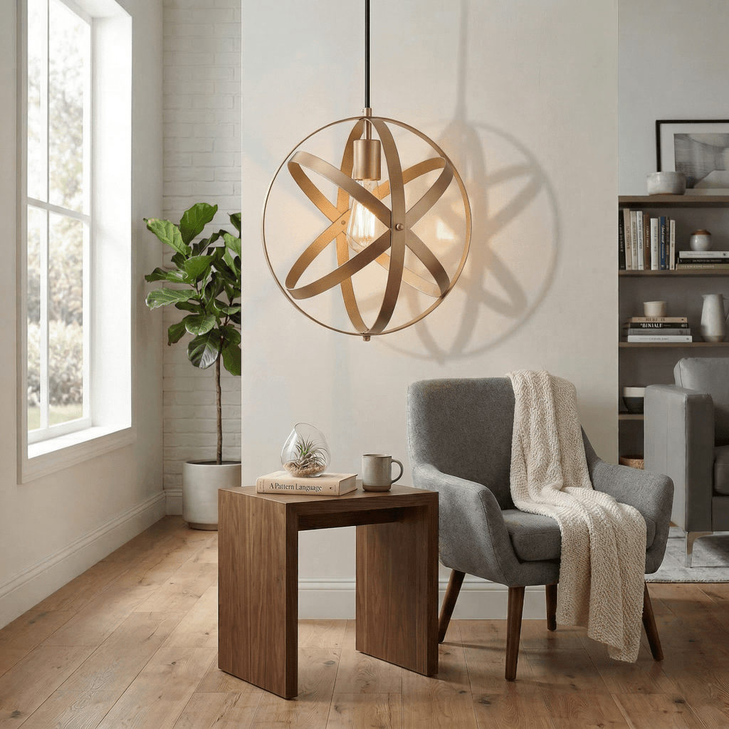 Svart metallpendellampe, rund kulebur-skjerm, 12-tommers industrielt design