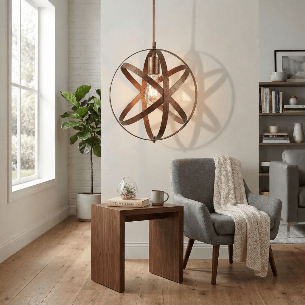 Svart metallpendellampe, rund kulebur-skjerm, 12-tommers industrielt design