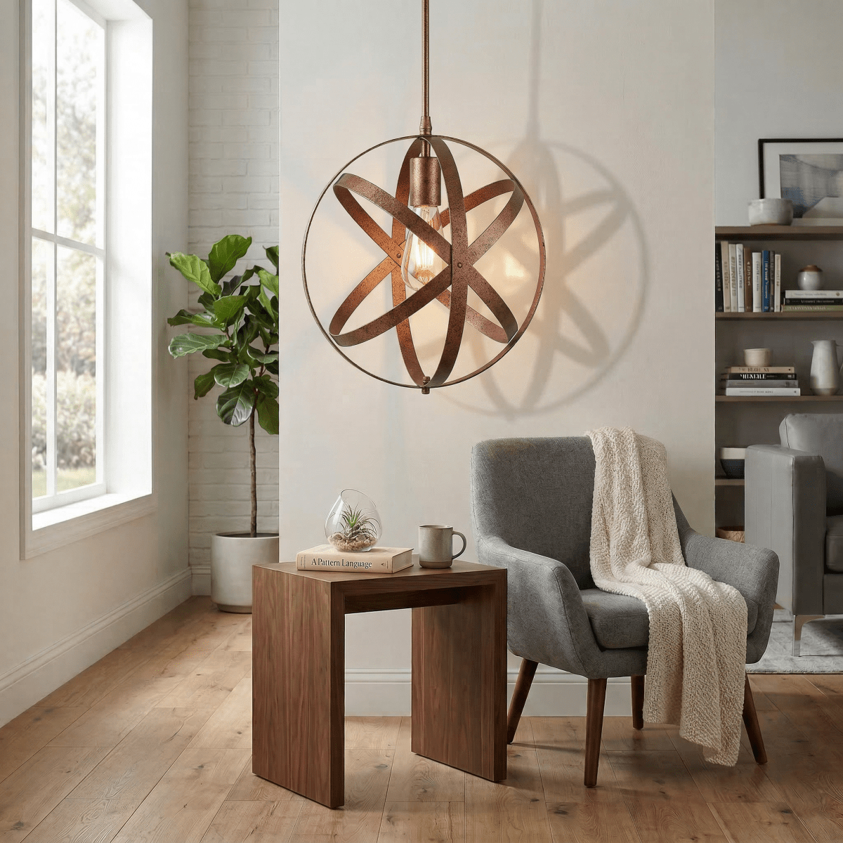 Svart metallpendellampe, rund kulebur-skjerm, 12-tommers industrielt design