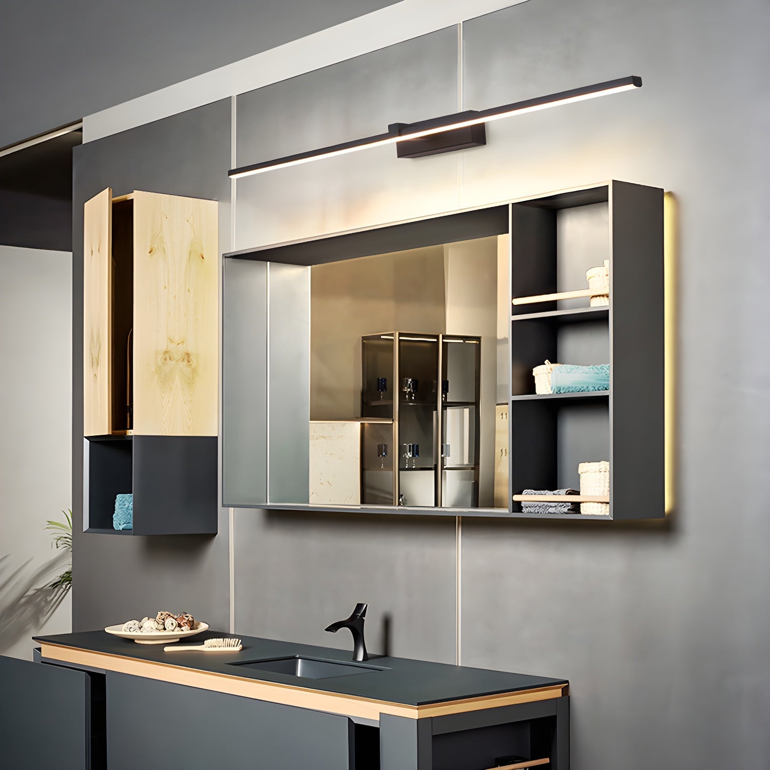 Linear LED wall light glowing along its full length