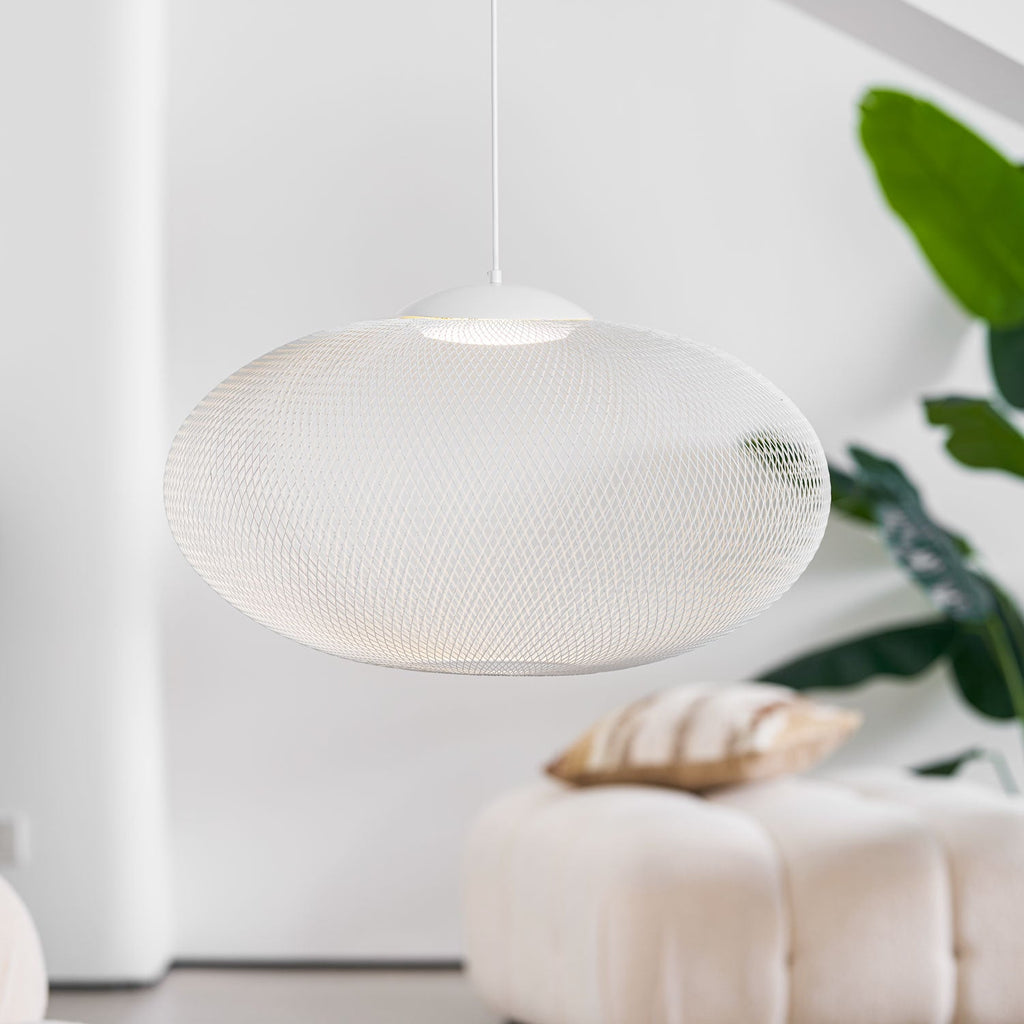 Mesh pendant light hanging in a contemporary interior
