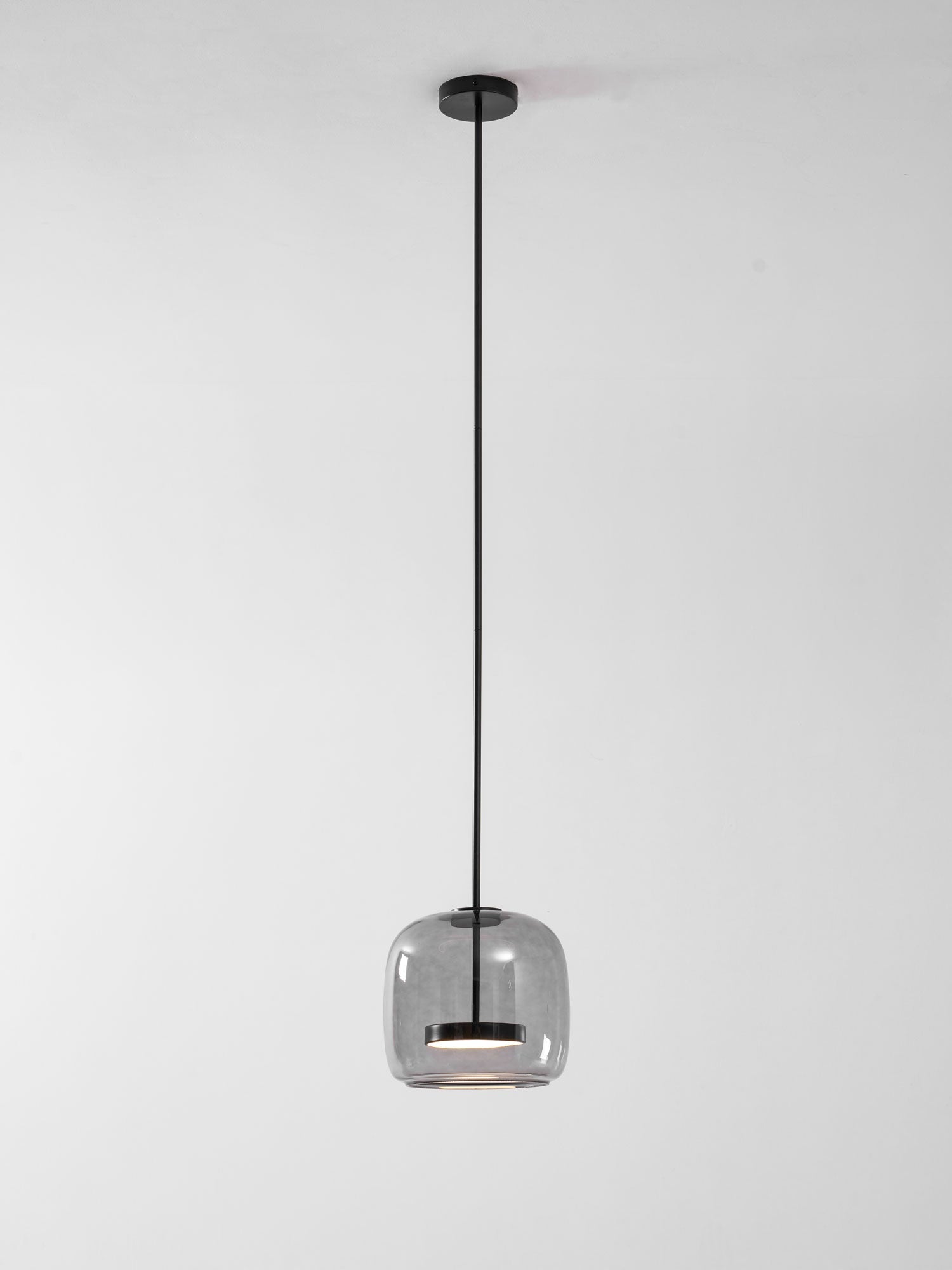 Smoked glass dome pendant light with gold metal canopy