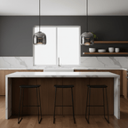 Round glass pendant light shown from a low angle