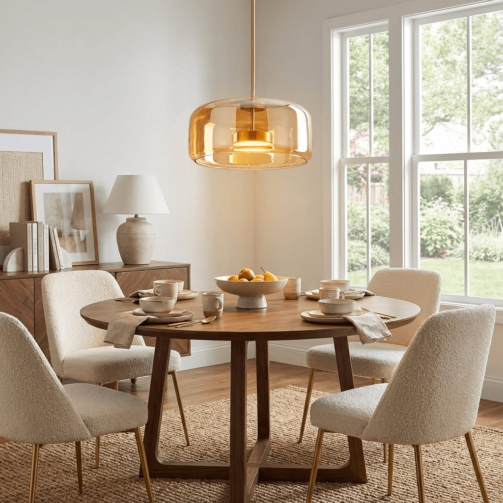 Glass dome pendant light with integrated LED on white background