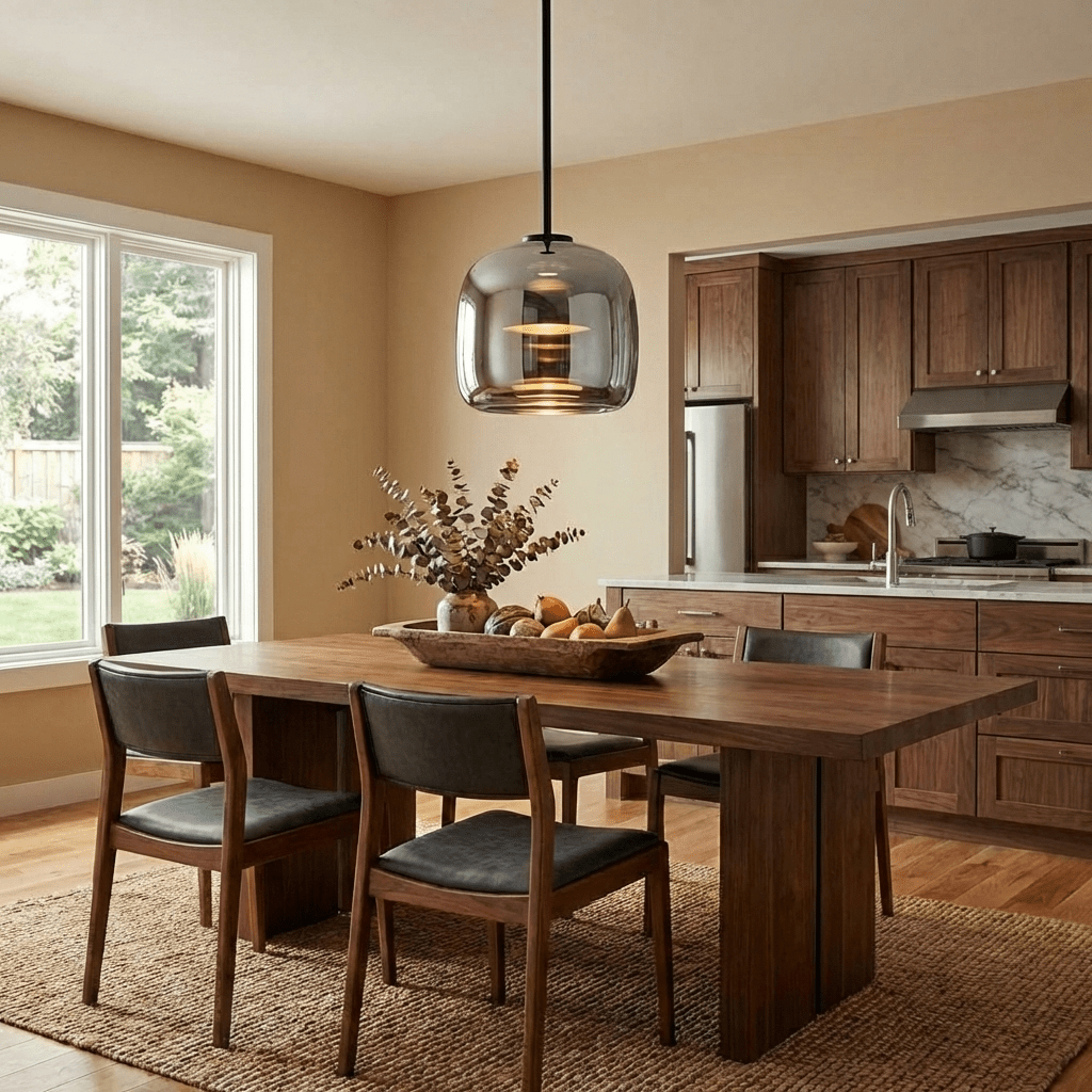 Smoked glass pendant light with slim metal suspension rod