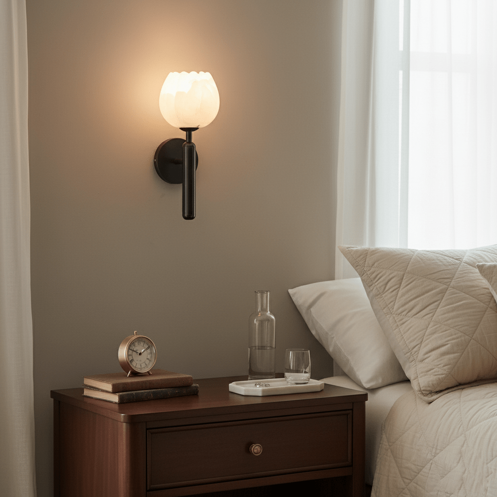 Mian wall lamp black arm and carved alabaster flowers detail