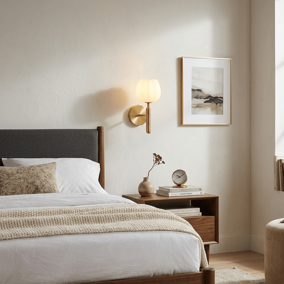 Mian wall lamp natural stone veining shown in the lit shade