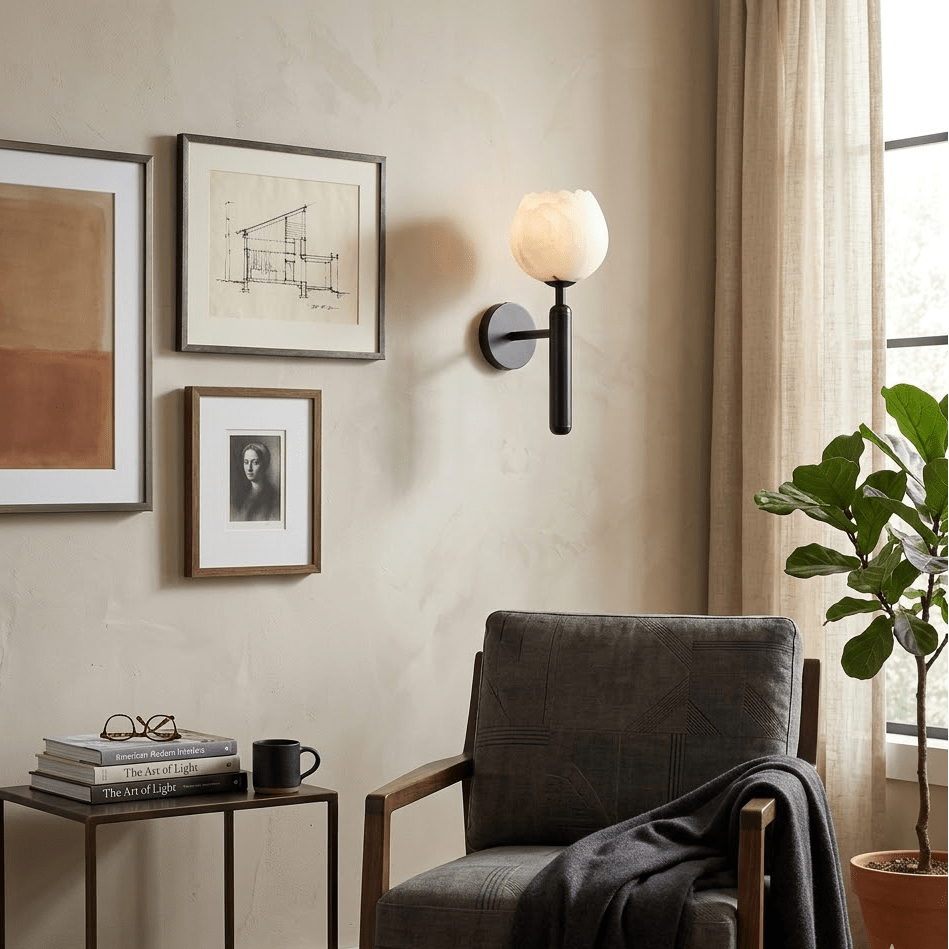 Mian wall lamp brass arm with botanical alabaster shade detail