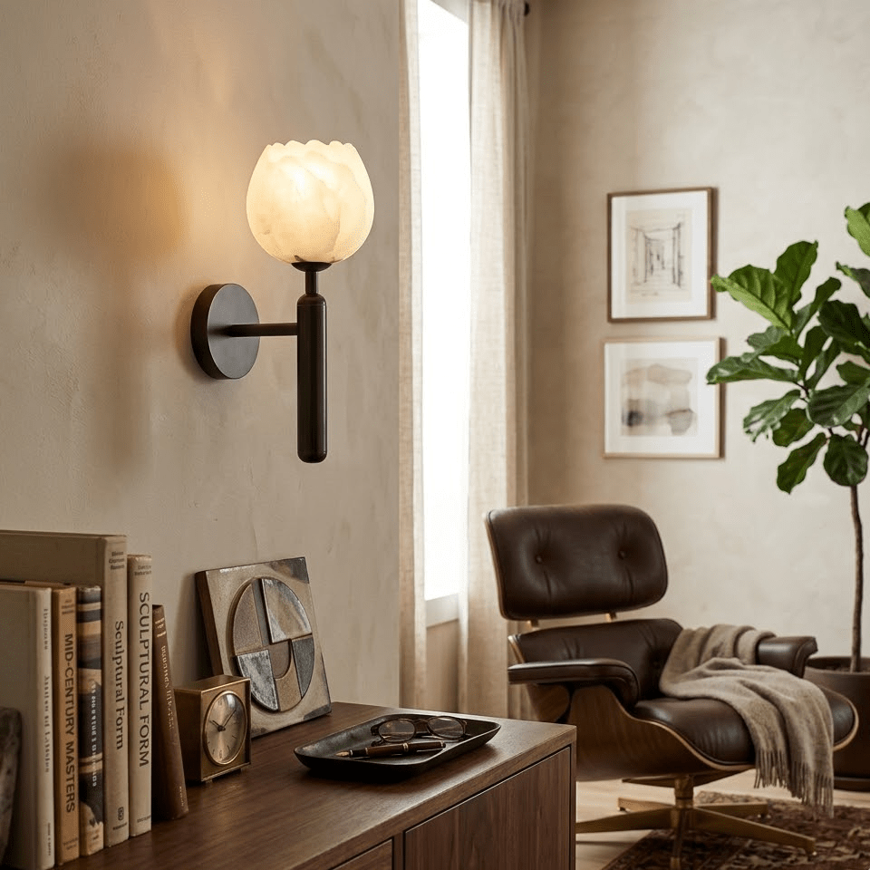 Mian wall lamp carved stone petals lit with a calm glow