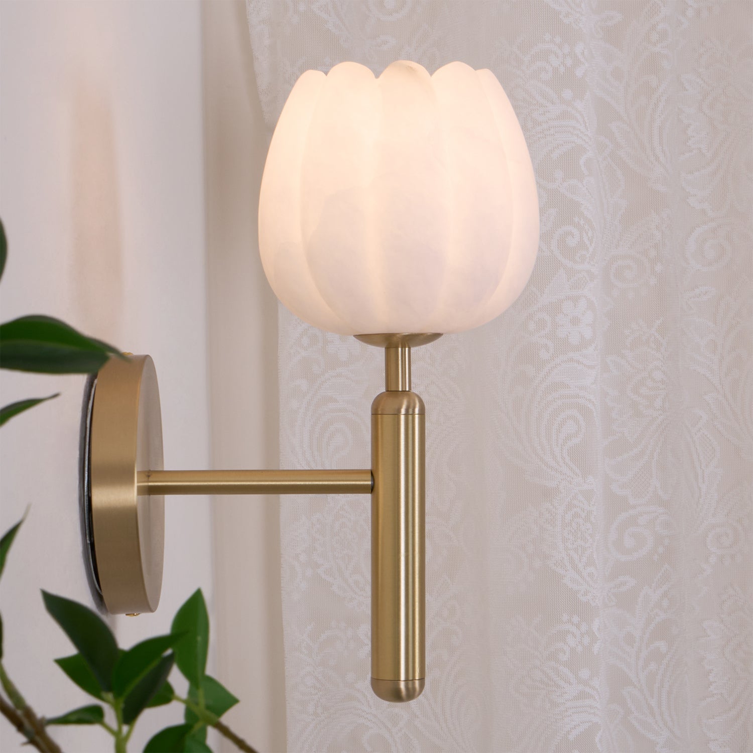 Brass Eurzorion sconce lit against a lace curtain, with green foliage in the foreground