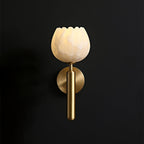 The brass Eurzorion wall light lit on a black wall, showing its round backplate and rounded drop rod