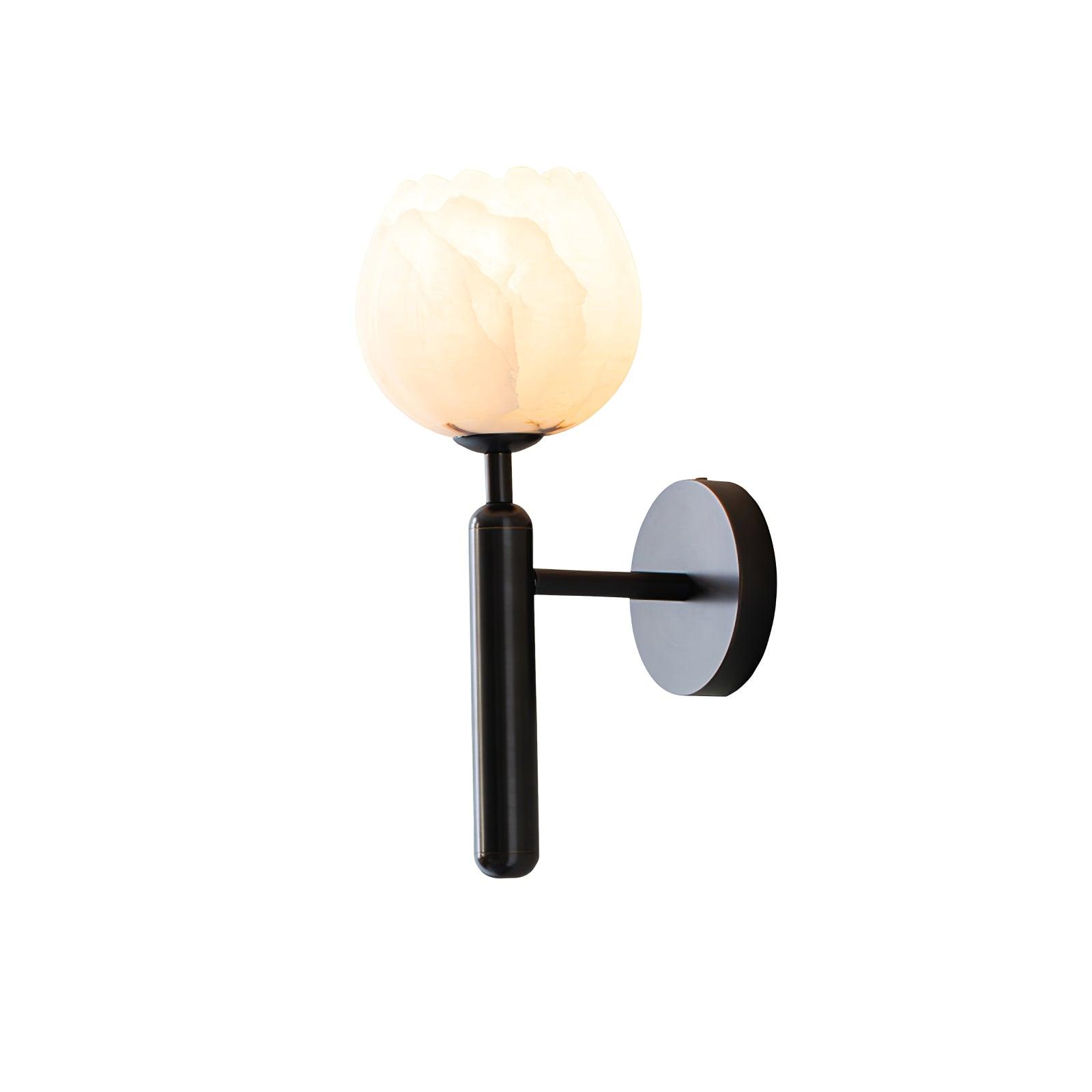 Mian wall lamp alabaster petals lit warmly in a styled room