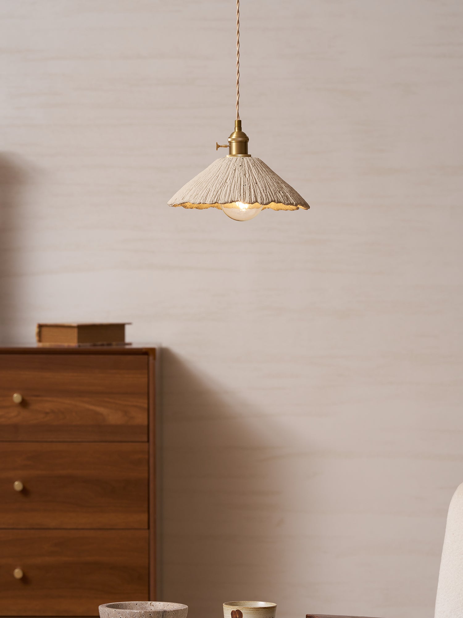 Microcement Pendant Light, Raw Cement Shade, Gold E14 Fitting, Braided Cord