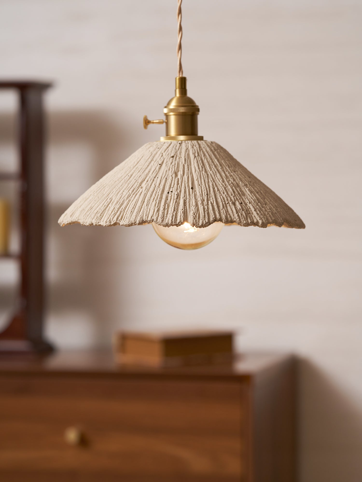 Microcement Pendant Light, Raw Cement Shade, Gold E14 Fitting, Braided Cord