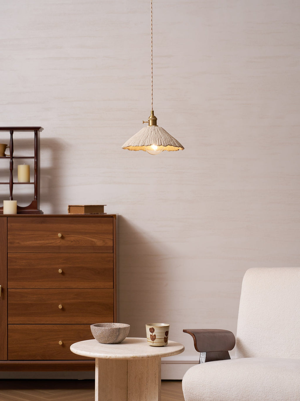 Microcement Pendant Light, Raw Cement Shade, Gold E14 Fitting, Braided Cord