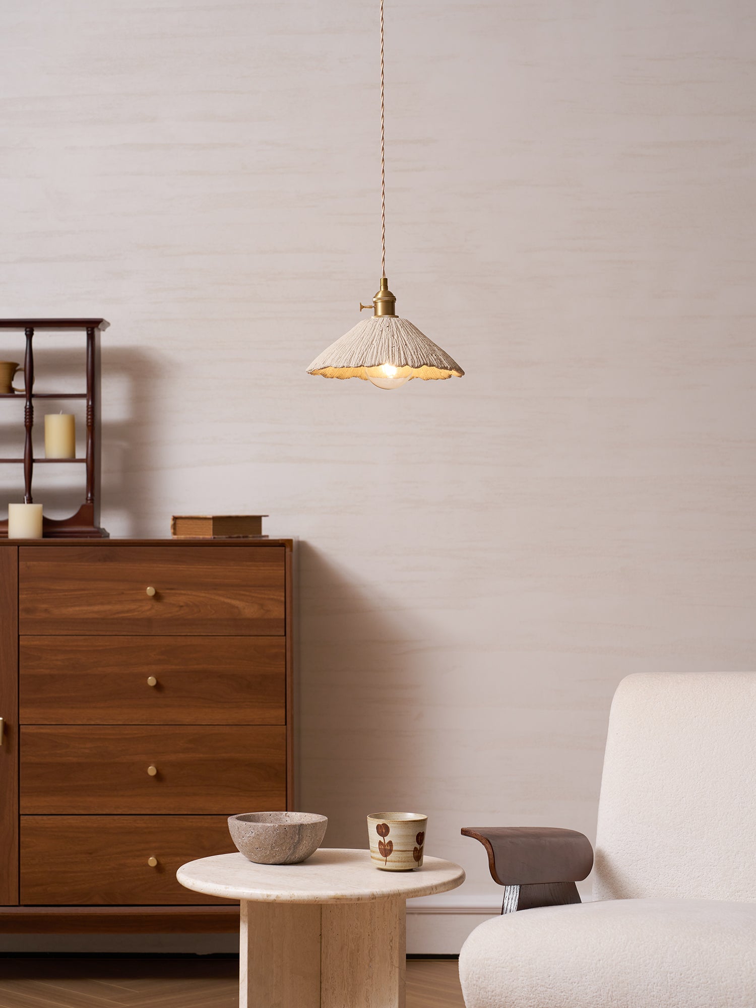 Microcement Pendant Light, Raw Cement Shade, Gold E14 Fitting, Braided Cord