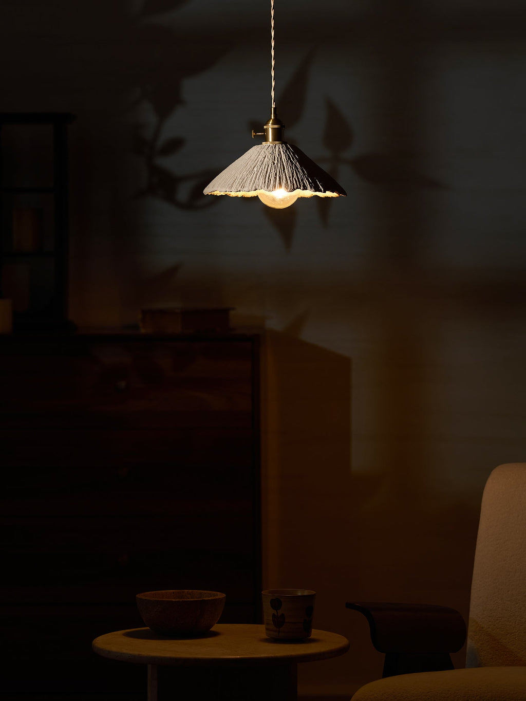 Microcement Pendant Light, Raw Cement Shade, Gold E14 Fitting, Braided Cord