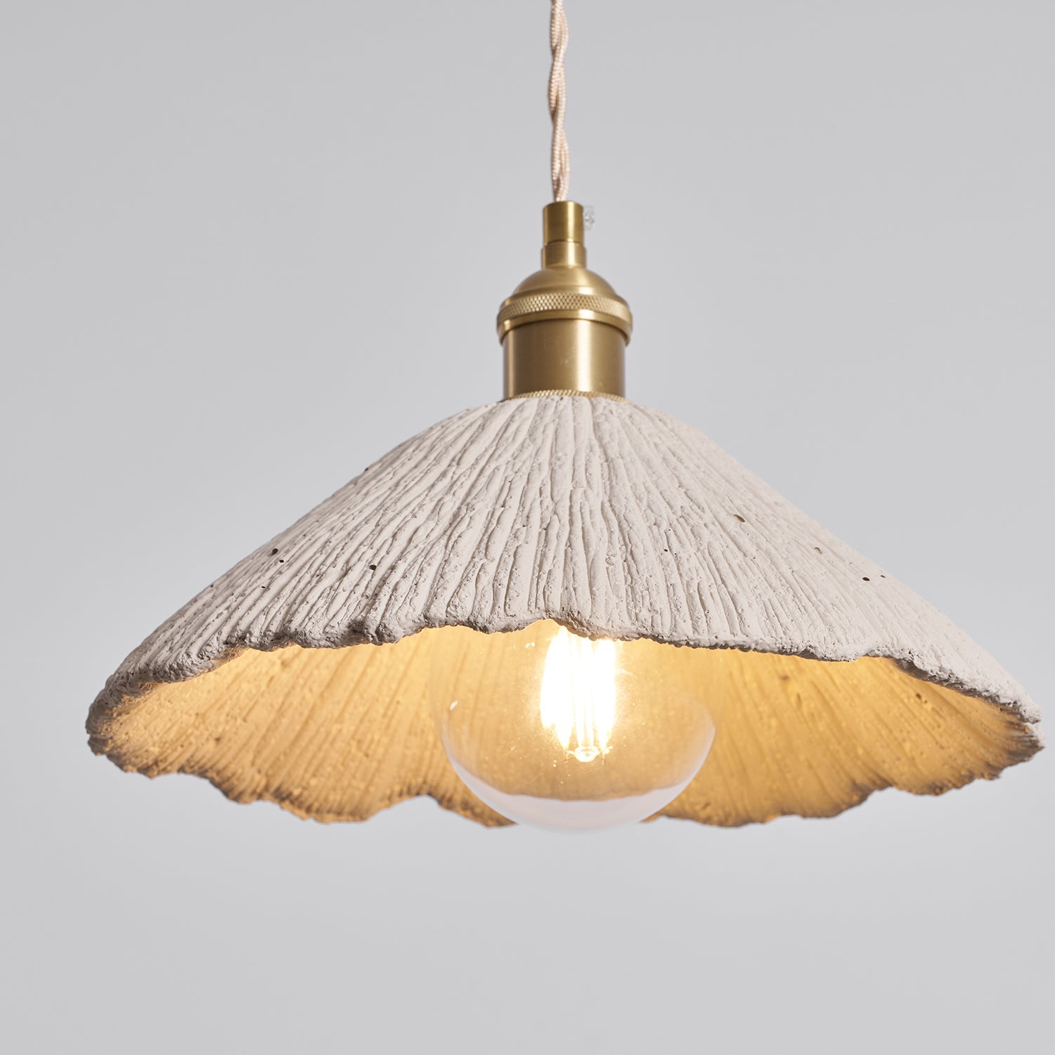 Microcement Pendant Light, Raw Cement Shade, Gold E14 Fitting, Braided Cord