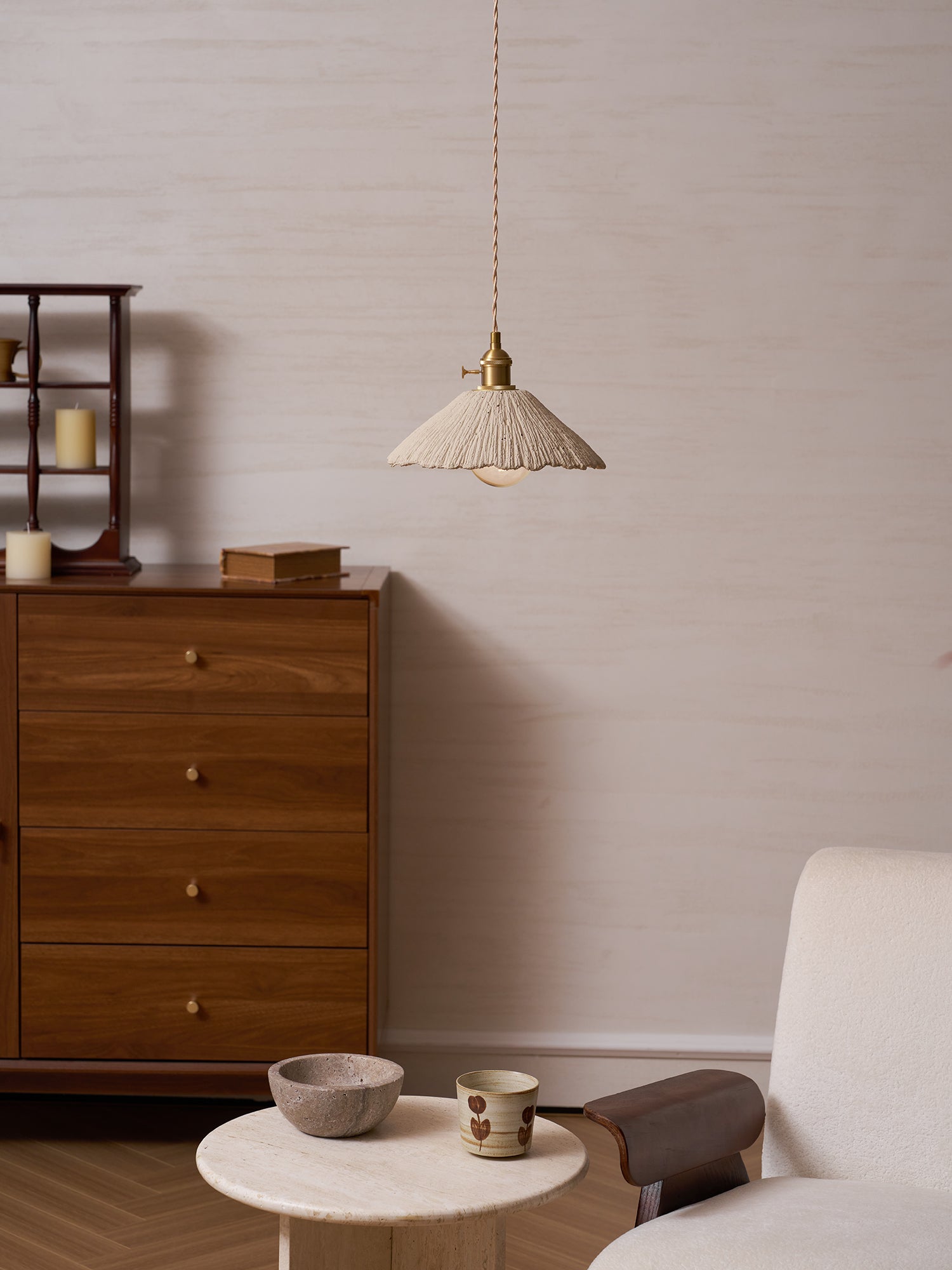 Microcement Pendant Light, Raw Cement Shade, Gold E14 Fitting, Braided Cord