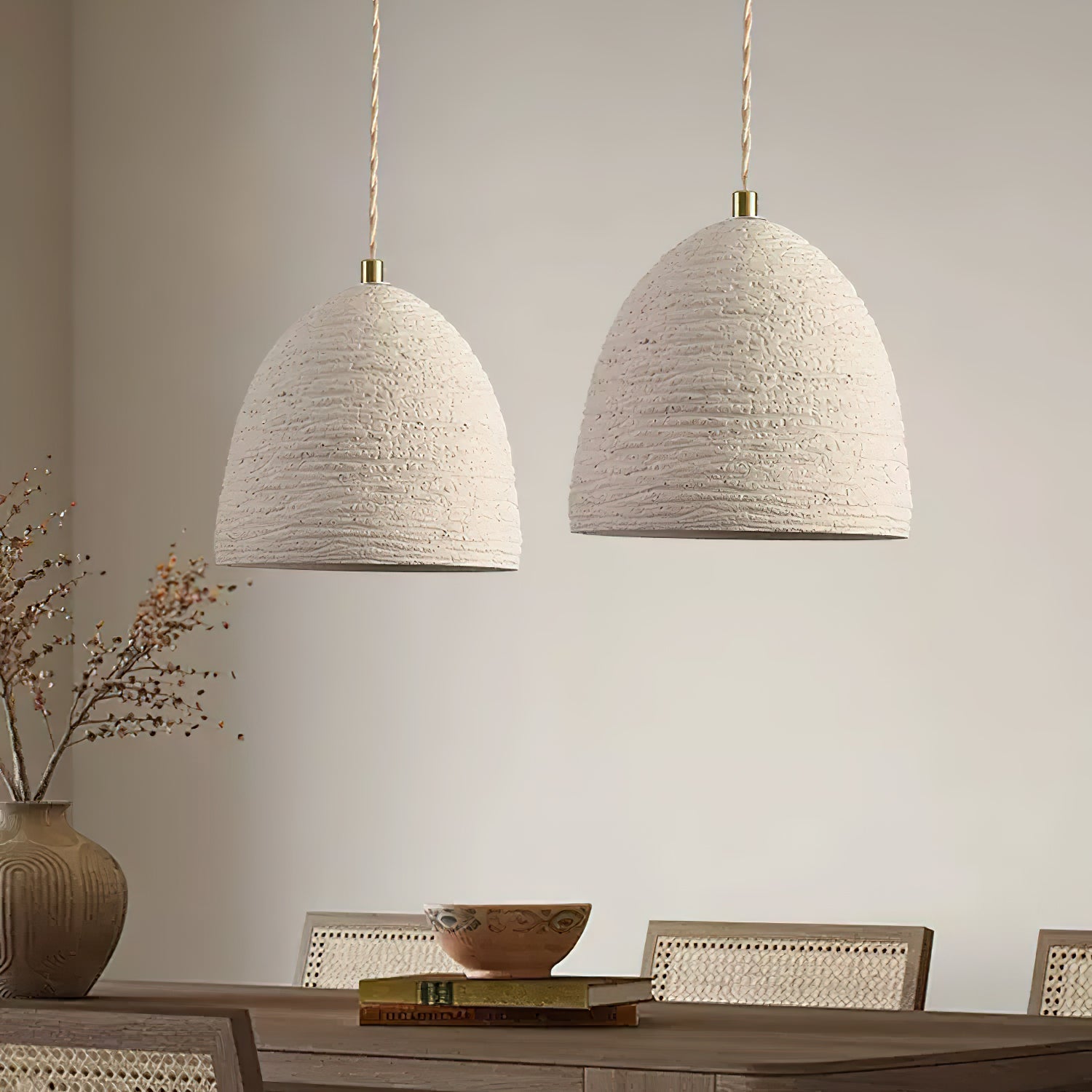 Microcement pendant light hanging in a minimal space