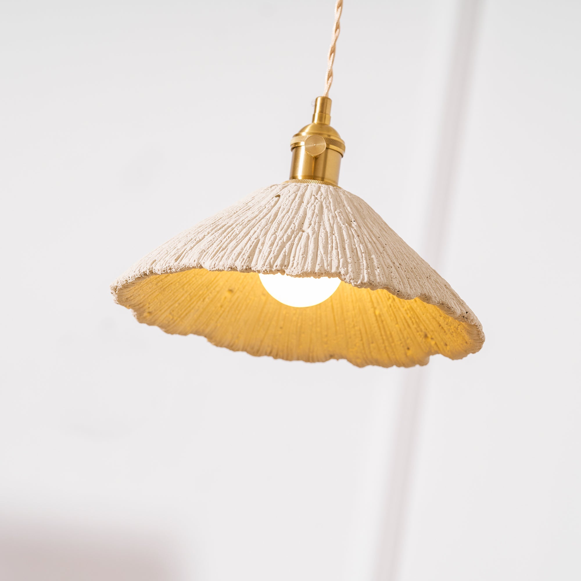 Microcement Pendant Light, Raw Cement Shade, Gold E14 Fitting, Braided Cord