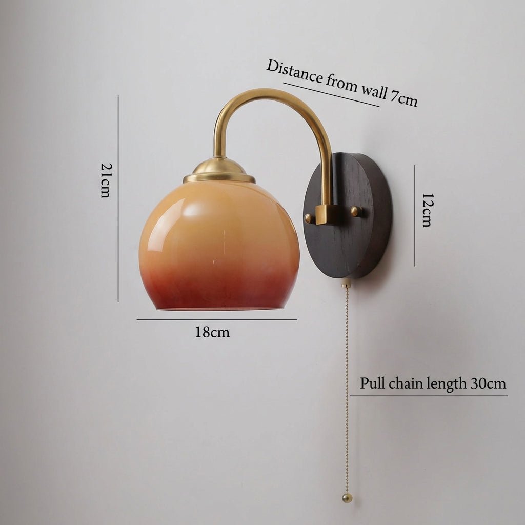 Ash Wood Wall Sconce, Caramel Glass Globe Shade, Mid-Century Style